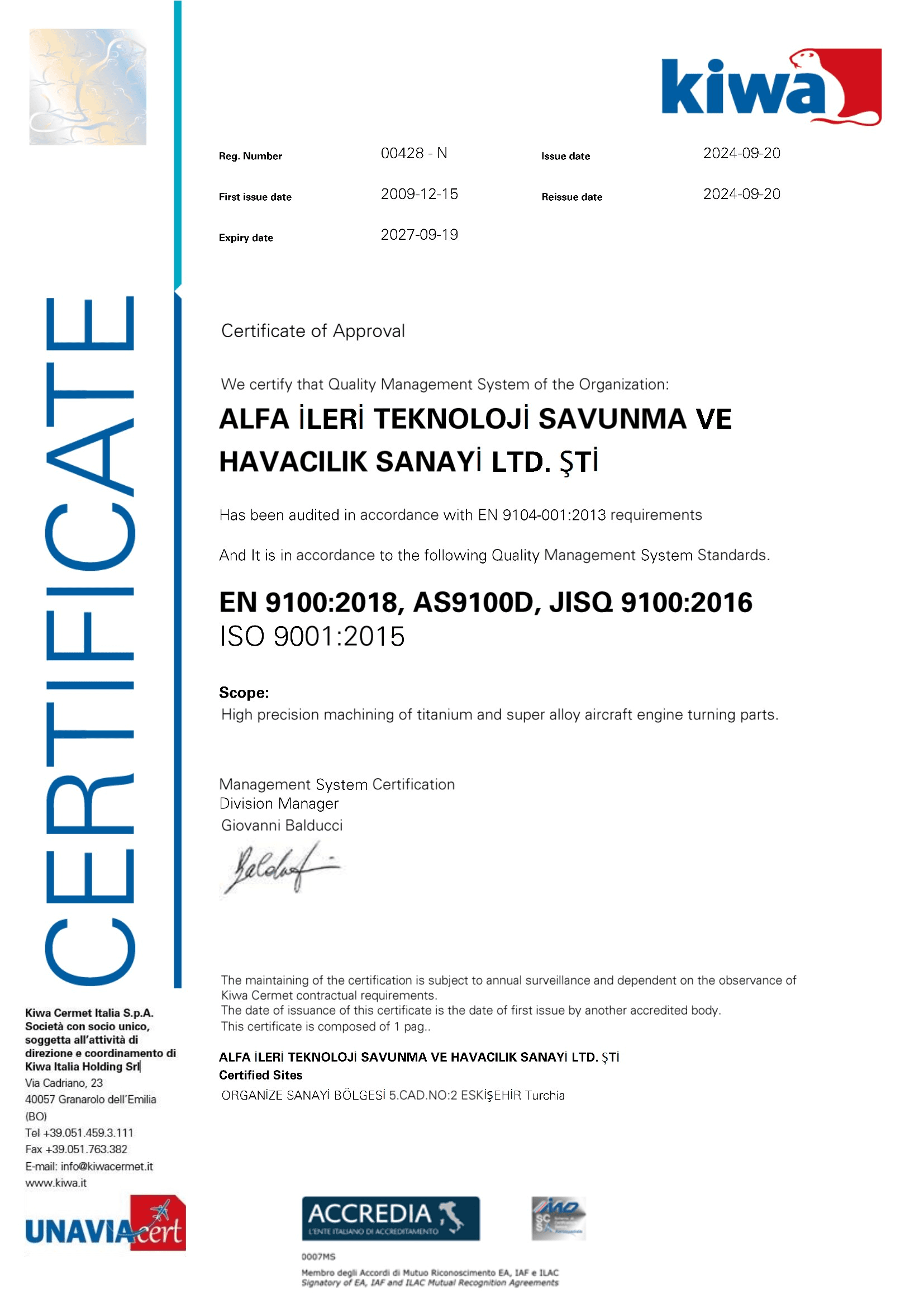 AS9100 Rev.D Havacılık ve Uzay Kalite Yönetim Sistemi sertifikası