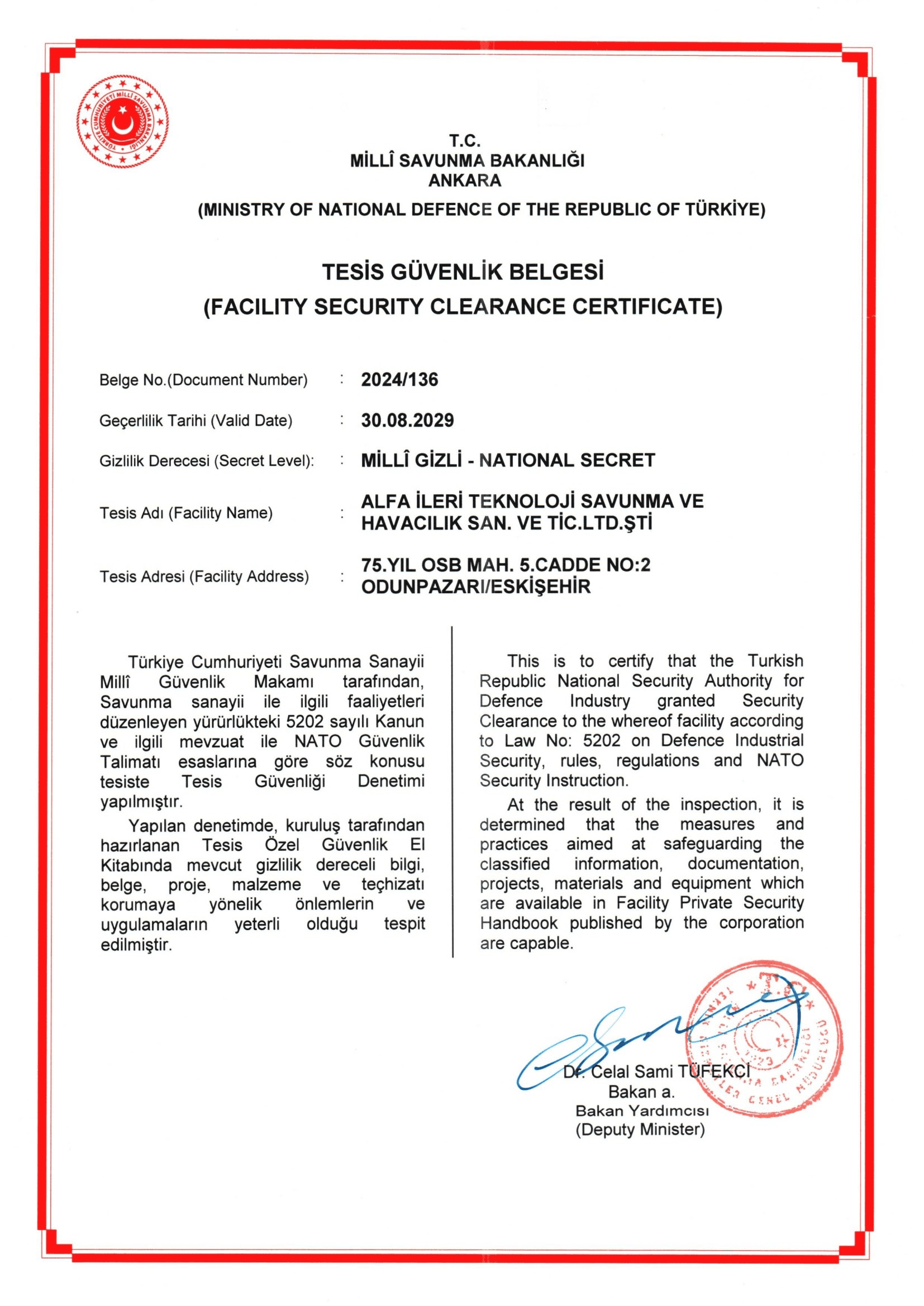 Milli Savunma Bakanlığı Tesis Güvenlik Belgesi