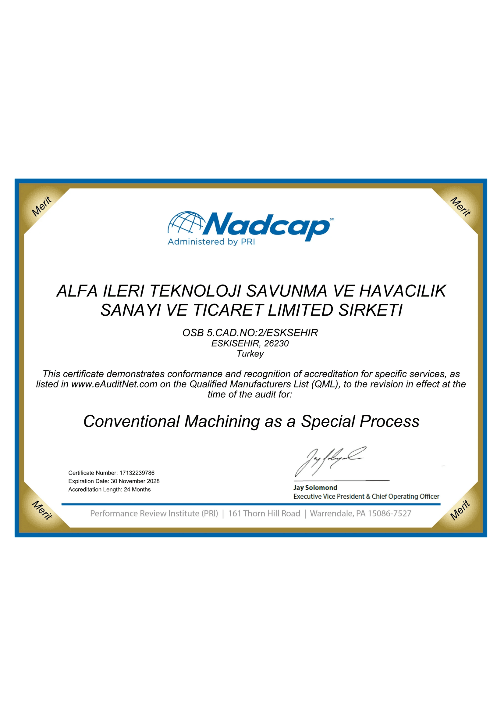 NADCAP Conventional Machining as a Special Process P11TF17 sertifikası
